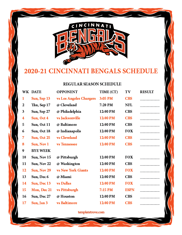 Printable 2020 2025 Cincinnati Bengals Schedule