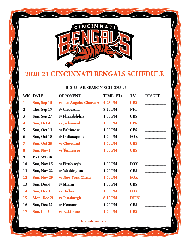 Printable 2020 2025 Cincinnati Bengals Schedule