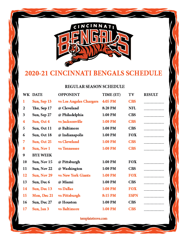 Printable 2020 2021 Cincinnati Bengals Schedule