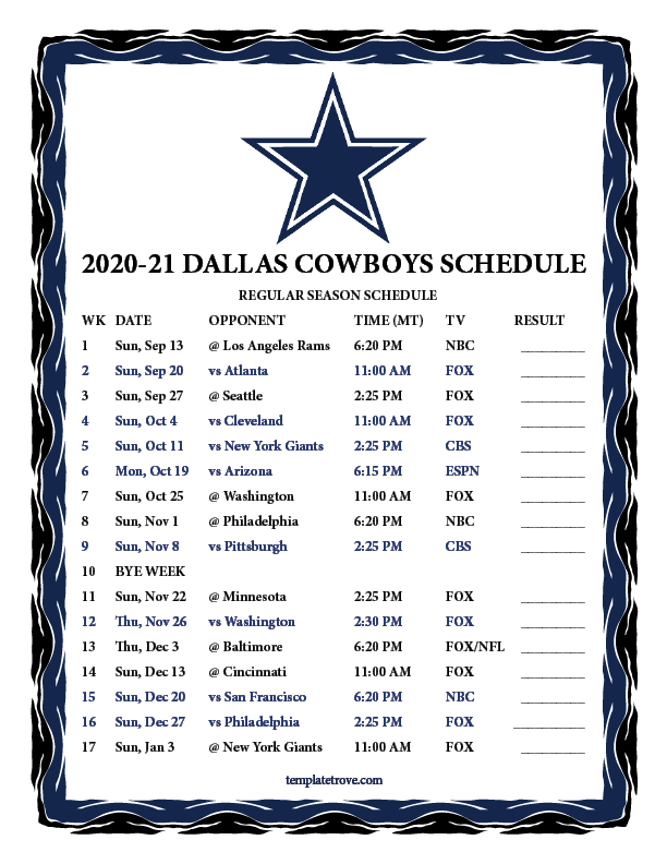 Printable 2020 2021 Dallas Cowboys Schedule