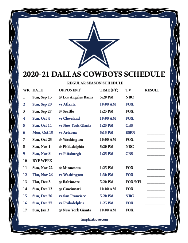 Printable Cowboys 2021 Schedule