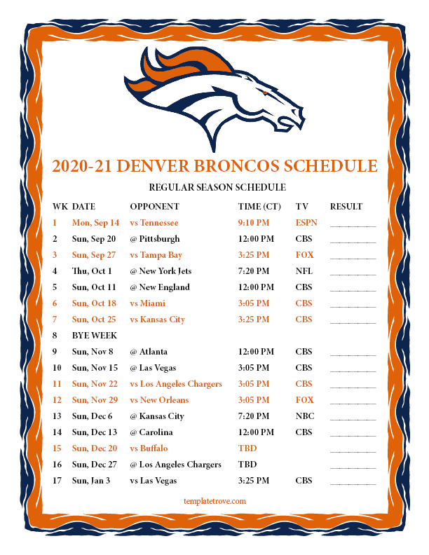 Printable 2020 2025 Denver Broncos Schedule