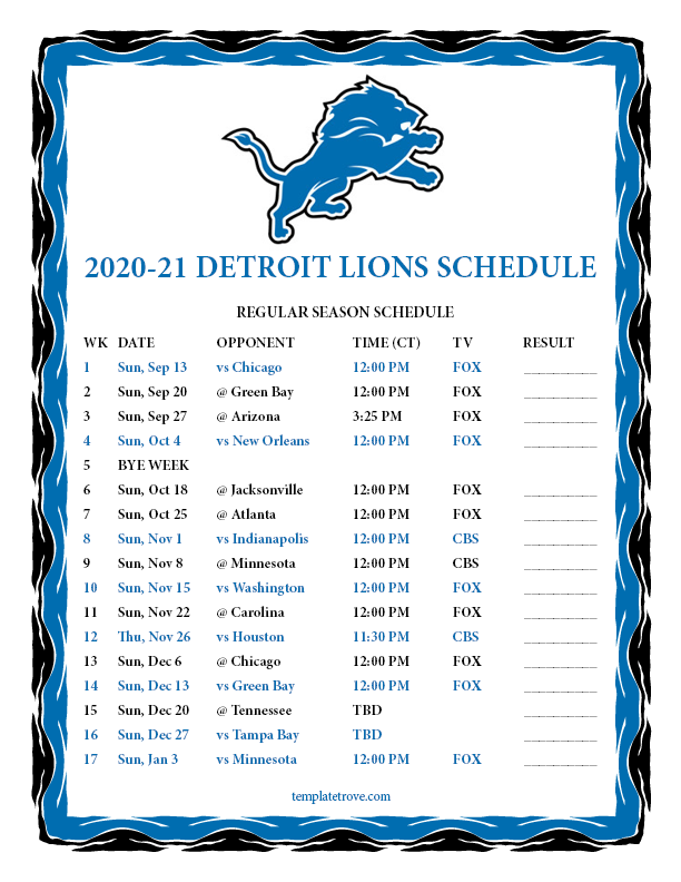 Printable 2020 2025 Detroit Lions Schedule
