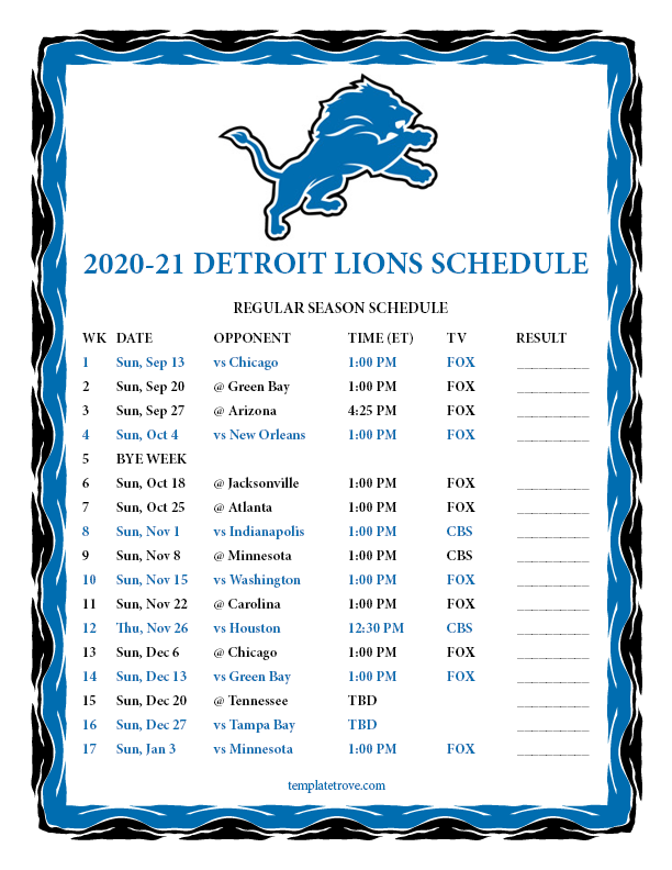 Printable 2020 2025 Detroit Lions Schedule