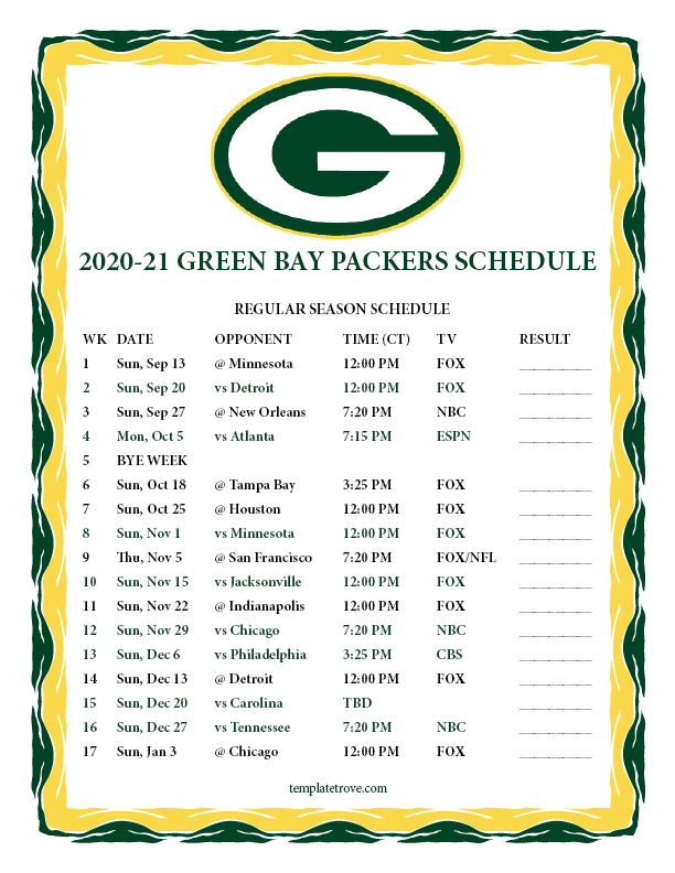 Printable 2020 2025 Green Bay Packers Schedule