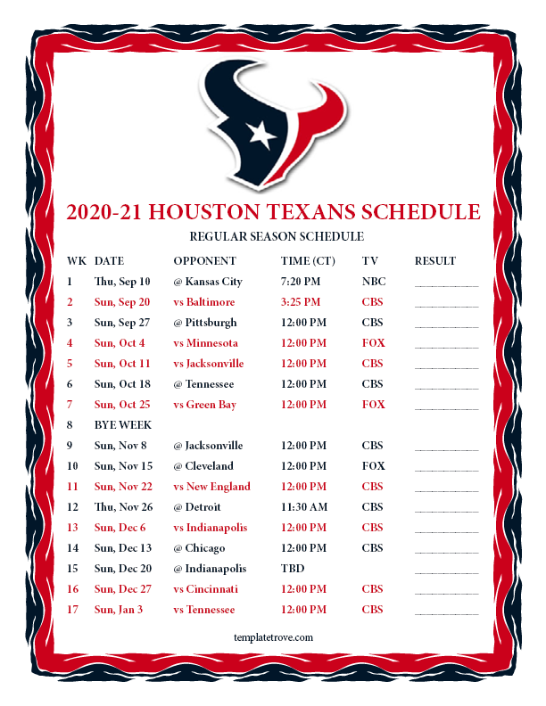 Printable 2020 2025 Houston Texans Schedule