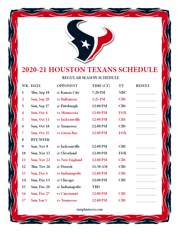 Printable 2020 2021 Houston Texans Schedule