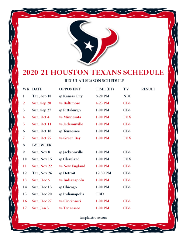 Printable 2020 2025 Houston Texans Schedule