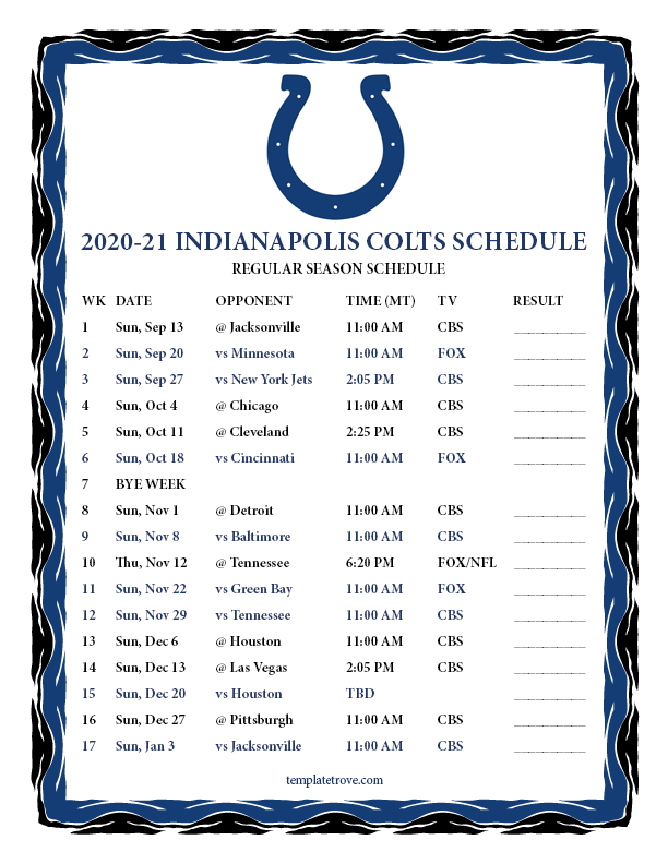 Printable 2020 2025 Indianapolis Colts Schedule
