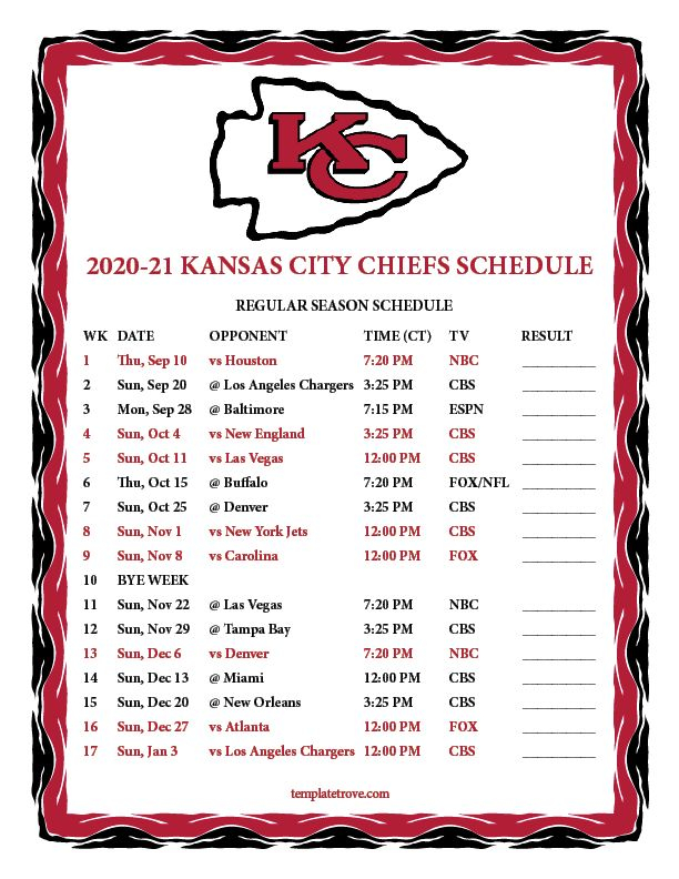 Printable 2020 2025 Kansas City Chiefs Schedule Chiefs 
