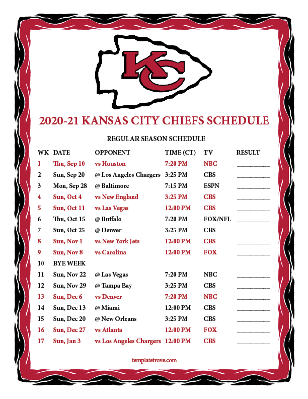 Printable 2020 2021 Kansas City Chiefs Schedule Chiefs 