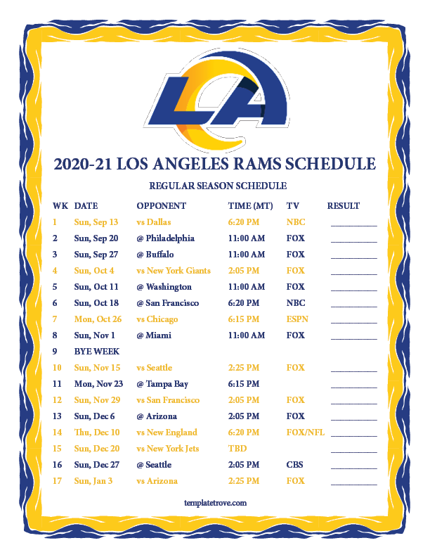Printable 2020 2025 Los Angeles Rams Schedule