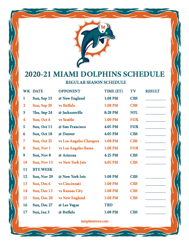 Printable 2020 2025 Miami Dolphins Schedule