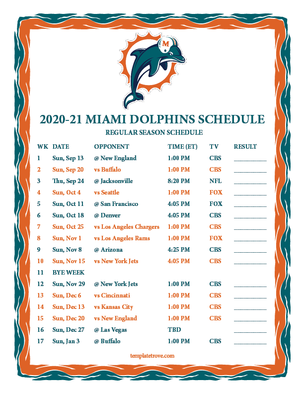 Printable 2020 2021 Miami Dolphins Schedule