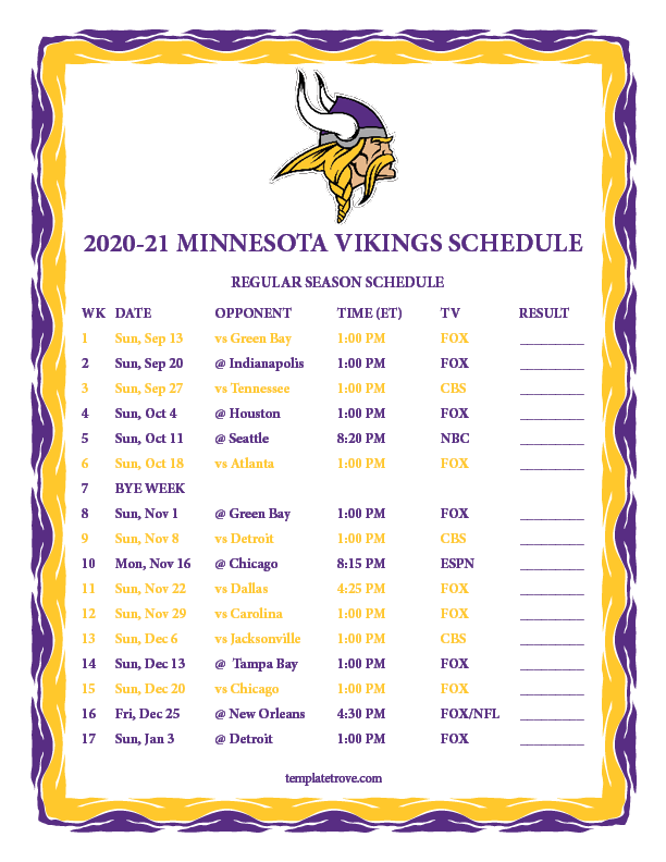 Printable 2020 2025 Minnesota Vikings Schedule