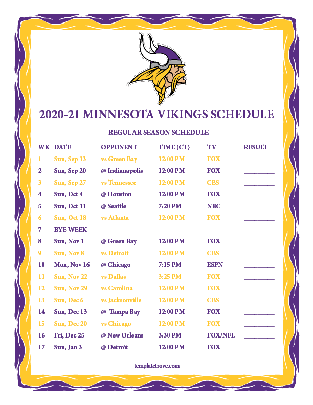 Printable 2020 2021 Minnesota Vikings Schedule