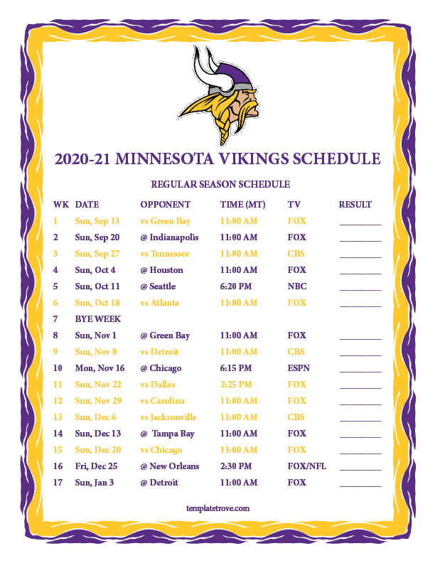 Printable 2020 2025 Minnesota Vikings Schedule