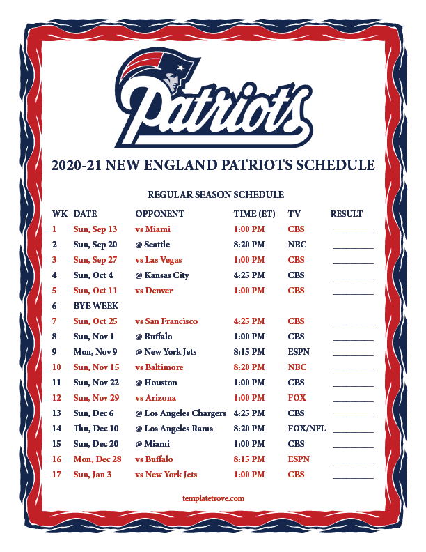 Printable Patriots Schedule 2021 2022 - FreePrintableTM.com | FreePrintableTM.com