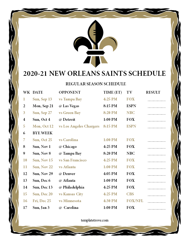 Printable 2020 2021 New Orleans Saints Schedule