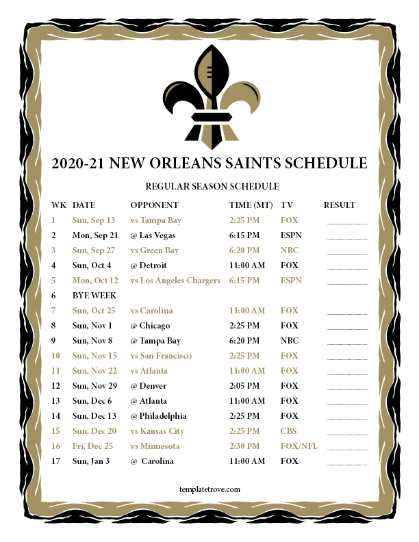 New Orleans Saints Schedule 2021 Printable - FreePrintableTM.com