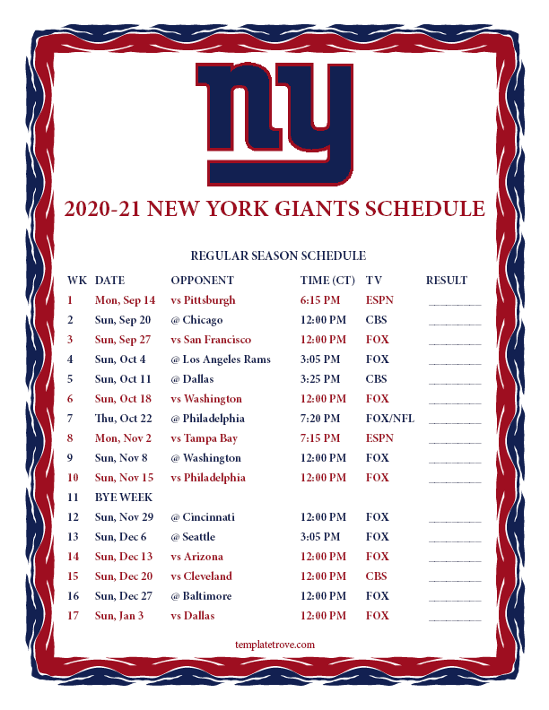Printable New York Giants Schedule 2021