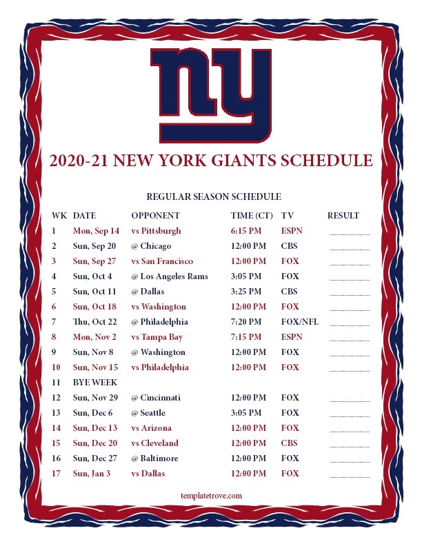Printable New York Giants Schedule 2021 - FreePrintableTM.com | FreePrintableTM.com
