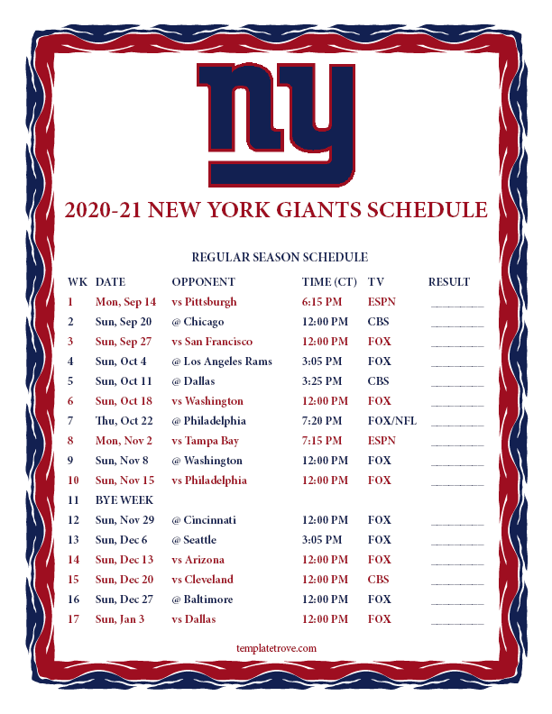 Printable 2020 2021 New York Giants Schedule