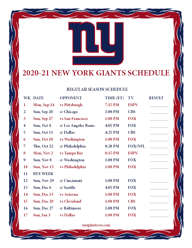 Printable 2020 2025 New York Giants Schedule