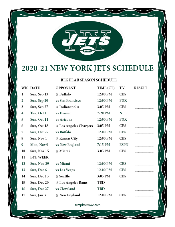 Printable 2020 2025 New York Jets Schedule