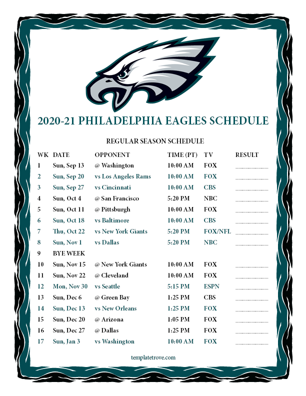 Eagles Schedule 2021 2022 Printable