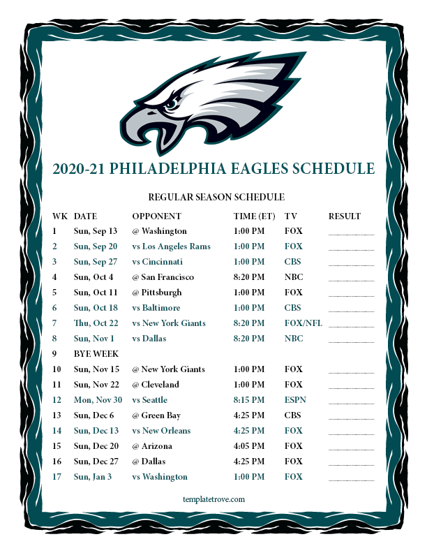 Printable 2020 2025 Philadelphia Eagles Schedule