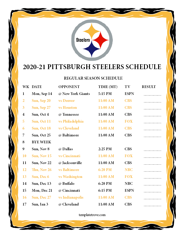 Printable 2020 2021 Pittsburgh Steelers Schedule