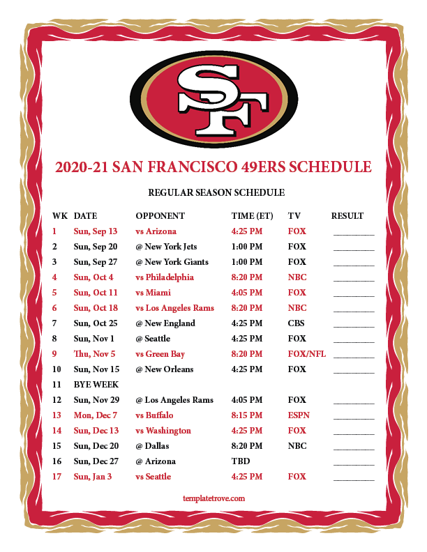 Printable 2020 2021 San Francisco 49ers Schedule