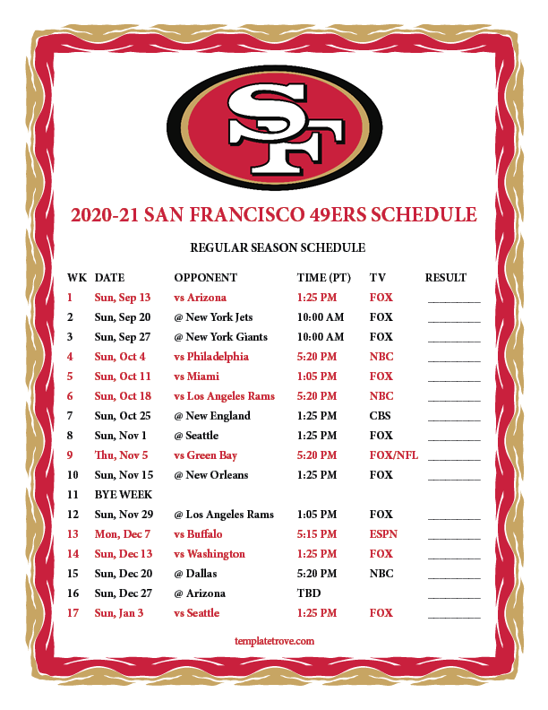 Sf 49ers Schedule 2021 Printable