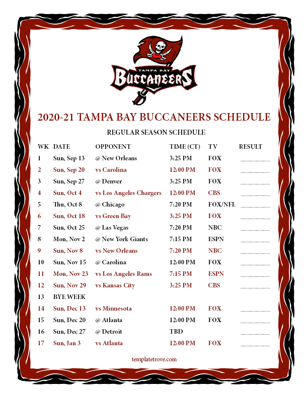 Printable 2020 2025 Tampa Bay Buccaneers Schedule