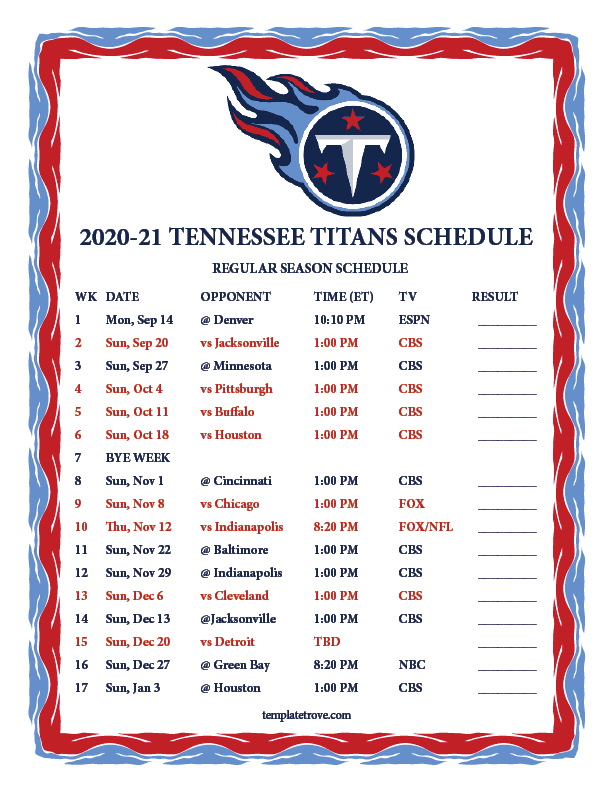 Printable 2020 2021 Tennessee Titans Schedule