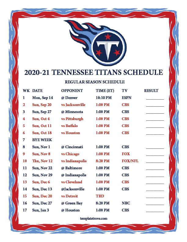 Printable 2020 2025 Tennessee Titans Schedule