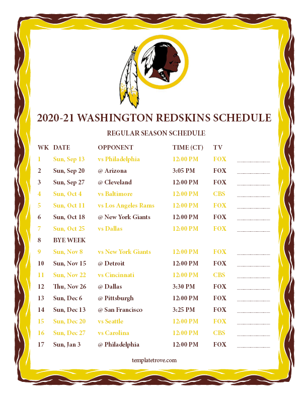 Printable 2020 2021 Washington Redskins Schedule