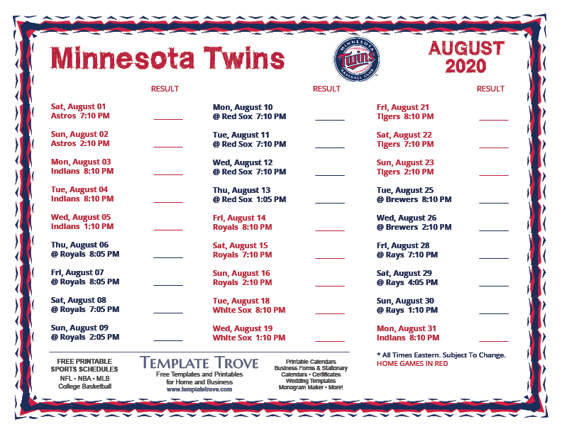 Printable 2020 Minnesota Twins Schedule