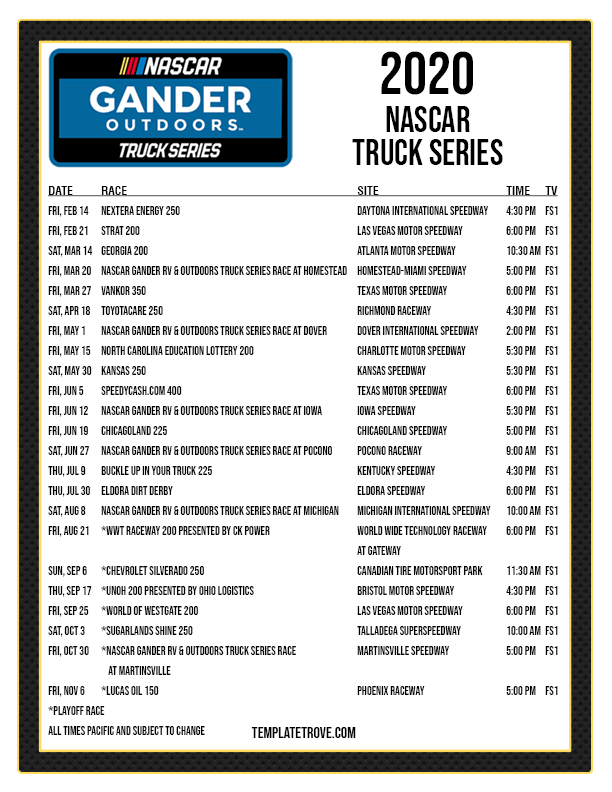 Printable 2020 NASCAR Truck Series Schedule