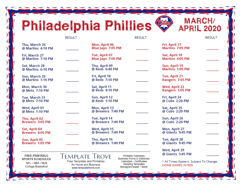 Printable 2020 Philadelphia Phillies Schedule