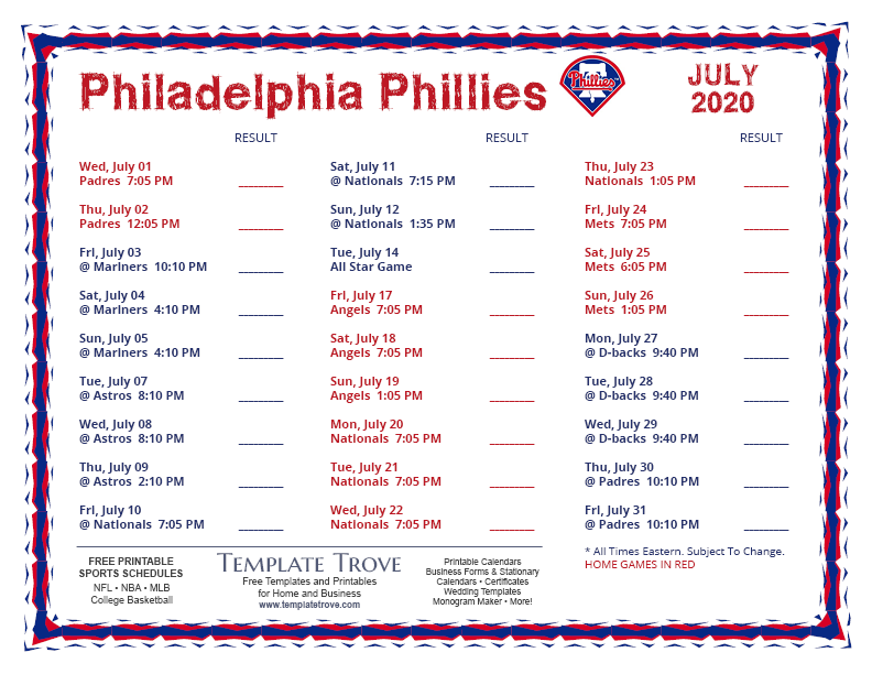 Printable 2020 Philadelphia Phillies Schedule