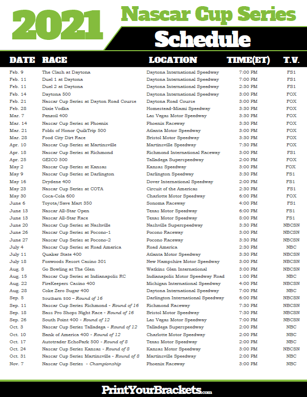 Printable 2021 Nascar Schedule Monster Cup Series Dates 