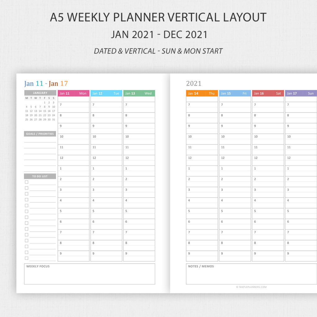 Printable A5 Hourly Weekly Planner 2021 Vertical Weekly