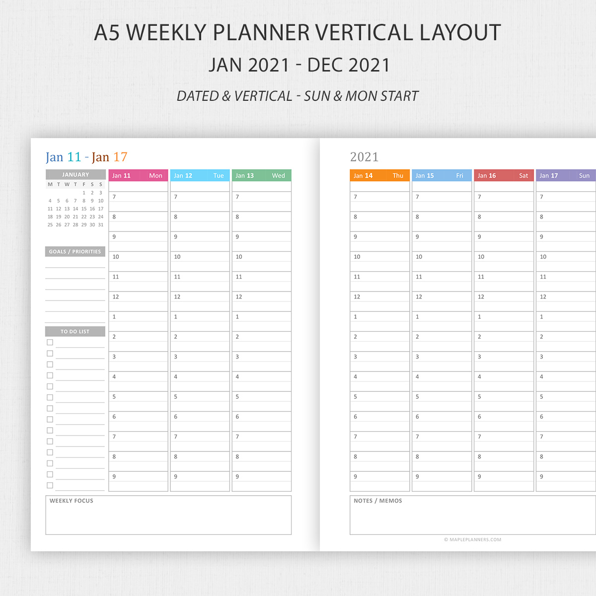 Printable A5 Hourly Weekly Planner 2021 Vertical Weekly 