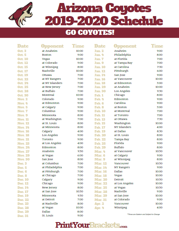 Arizona Coyotes Printable Schedule