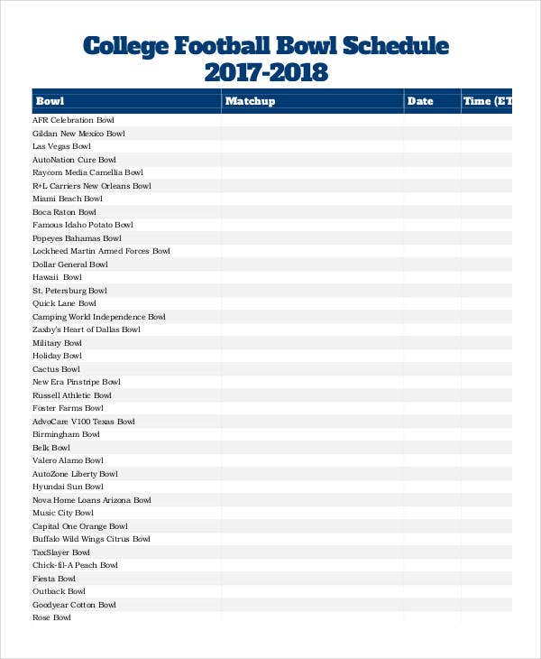 Printable Bowl Schedule Templates 9 Free PDF Format 