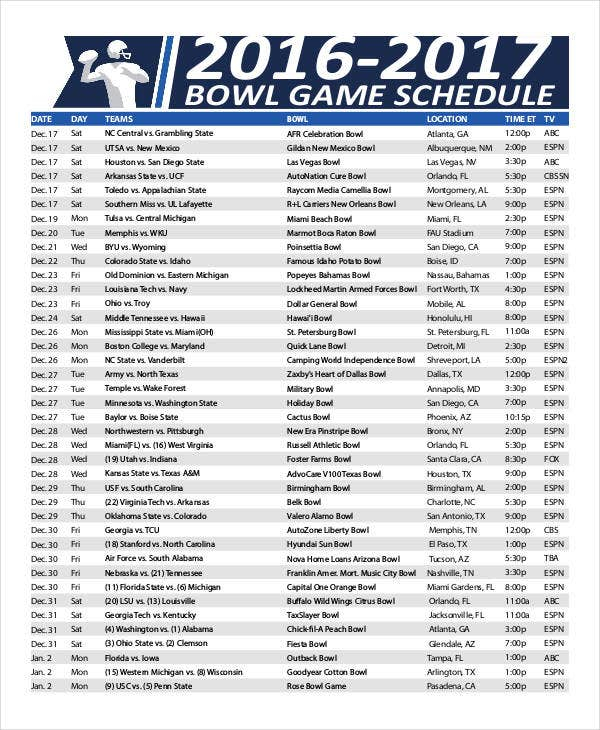 Printable Bowl Schedule Templates 9 Free PDF Format