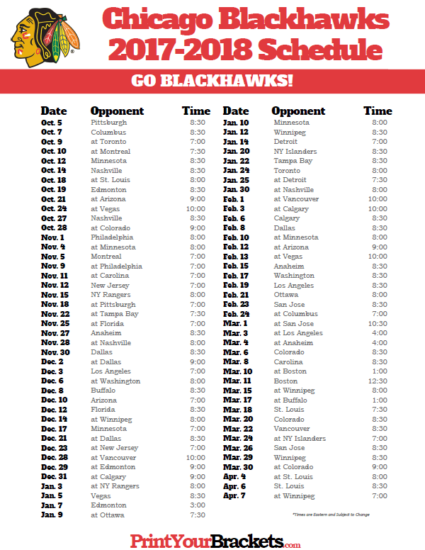 Printable Chicago Blackhawks Hockey Schedule Chicago 