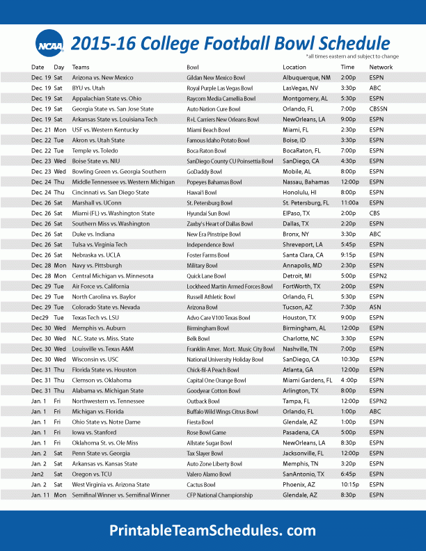 Printable College Football Bowl Games 2015 16 Schedule 